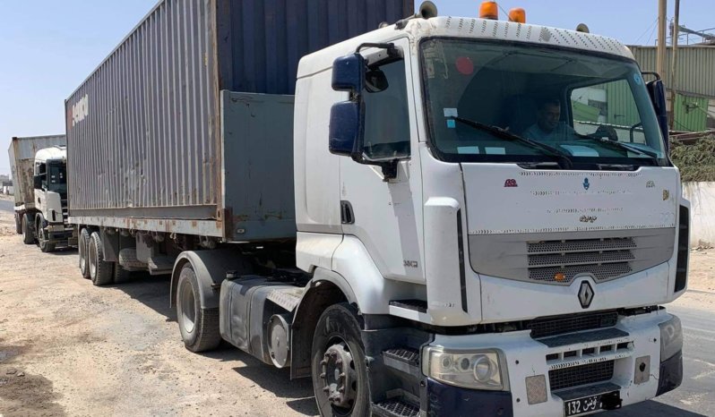 À vendre Tracteur Renault Premium Lander 380 DXI (2008) avec semi remorque plateau sans ridelles Tunicom (2012) complet